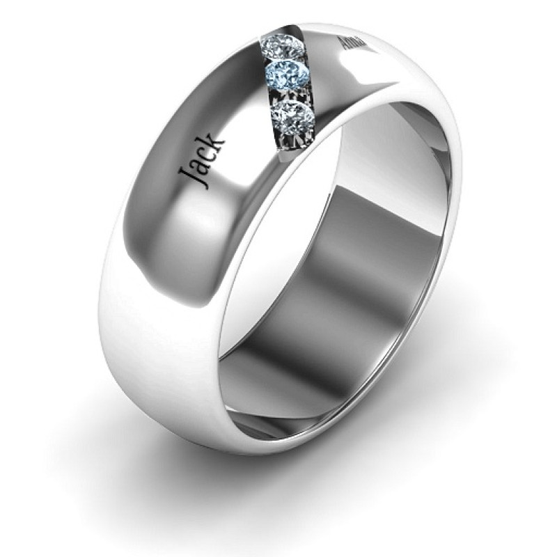 Triple stone grooved men's ring detail view