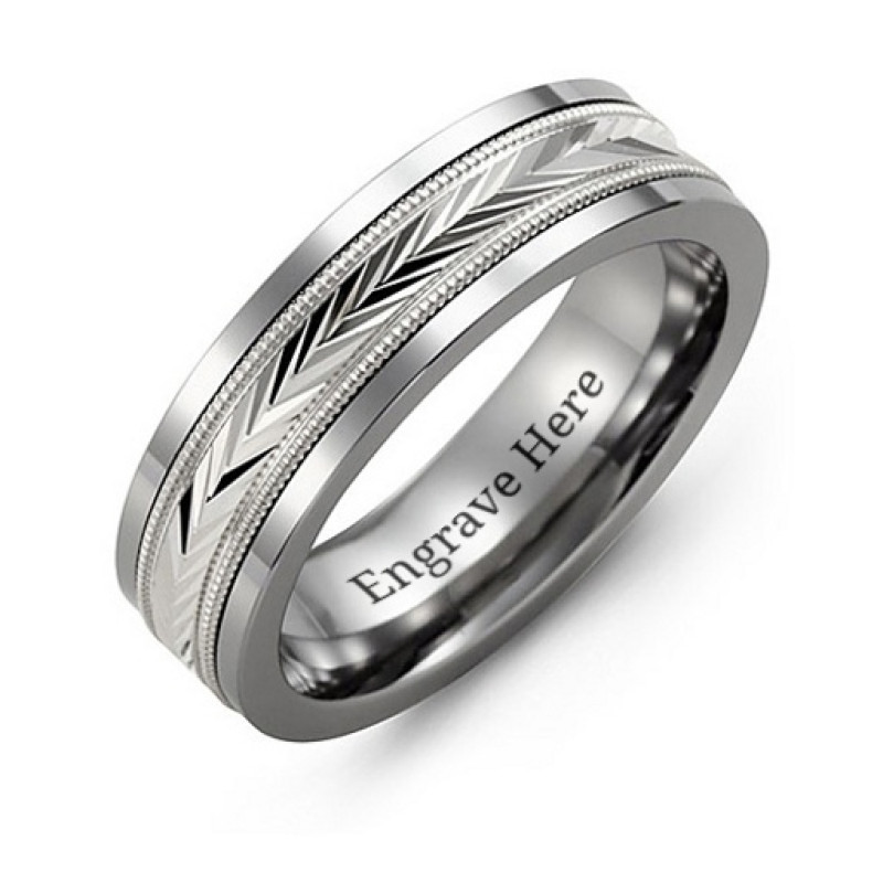 Men's tungsten diamond-cut inlay band ring