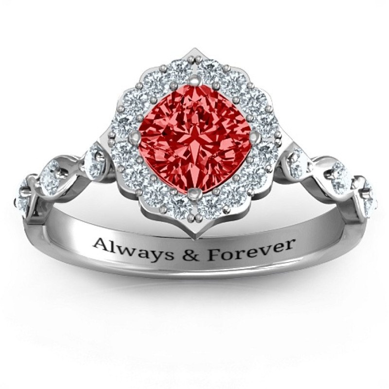 Vintage Glamour Accent Stone Ring - Product View Vintage glamour ring with cushion-cut centre stone and accent stones