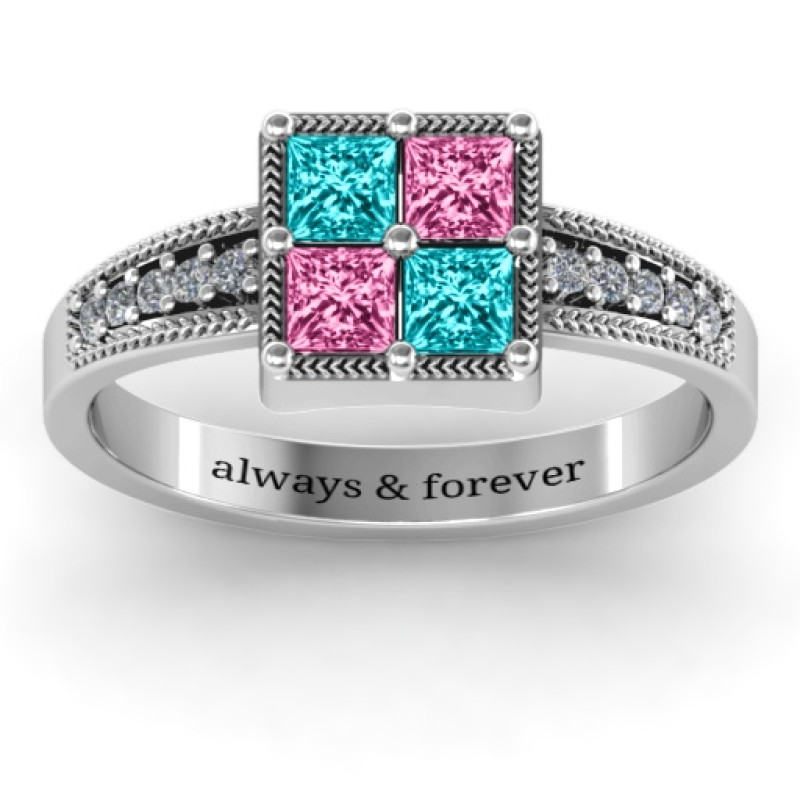 Vintage princess cut ring with square centre and shoulder accents