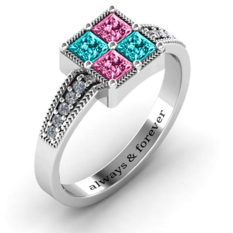 Vintage princess cut ring with square centre and shoulder accents