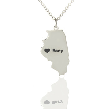 Personalised Illinois State Shaped Necklaces With Heart Name Silver