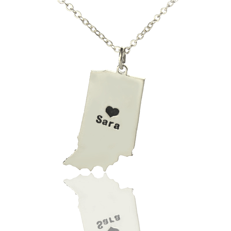 Custom Indiana state-shaped heart name necklace in 925 silver