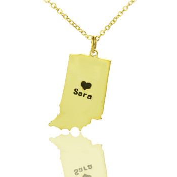 Custom Indiana State Shaped Necklaces With Heart Name Gold Plated