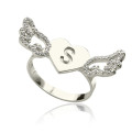 Personalised heart angel wings ring with engraved initial and optional birthstone