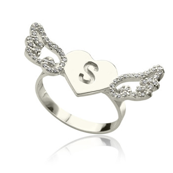 Heart Angel Wings Ring Engraved Initial Birthstone Sterling Silver