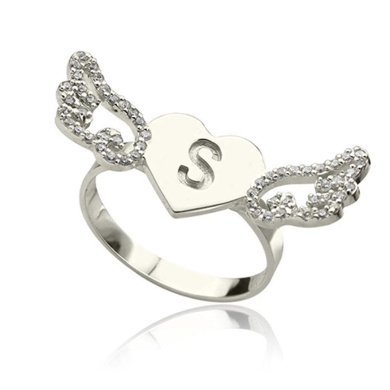 Personalised heart angel wings ring with engraved initial and optional birthstone