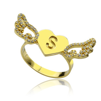 Angel Wings Heart Ring with Birthstone Initial 18ct Gold Plated