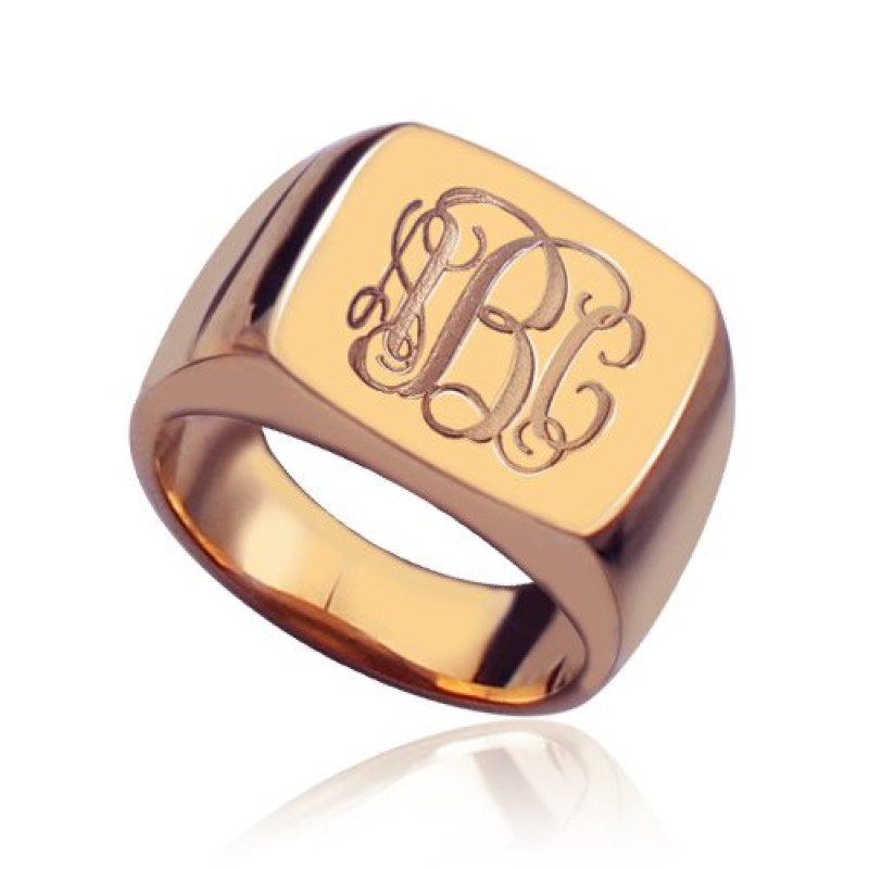 Square script monogram initial ring in rose gold finish