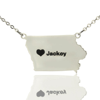 Iowa State USA Map Necklace With Heart Name Silver