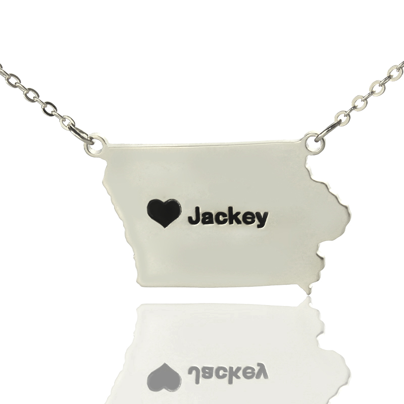 Iowa State Map Heart Name Necklace Iowa state map heart name necklace in silver