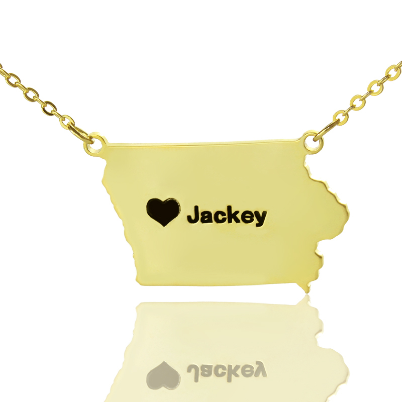Iowa State Map Heart Name Necklace Iowa state map necklace with heart name detail