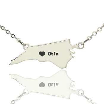 Personalised NC State USA Map Necklace With Heart Name Silver