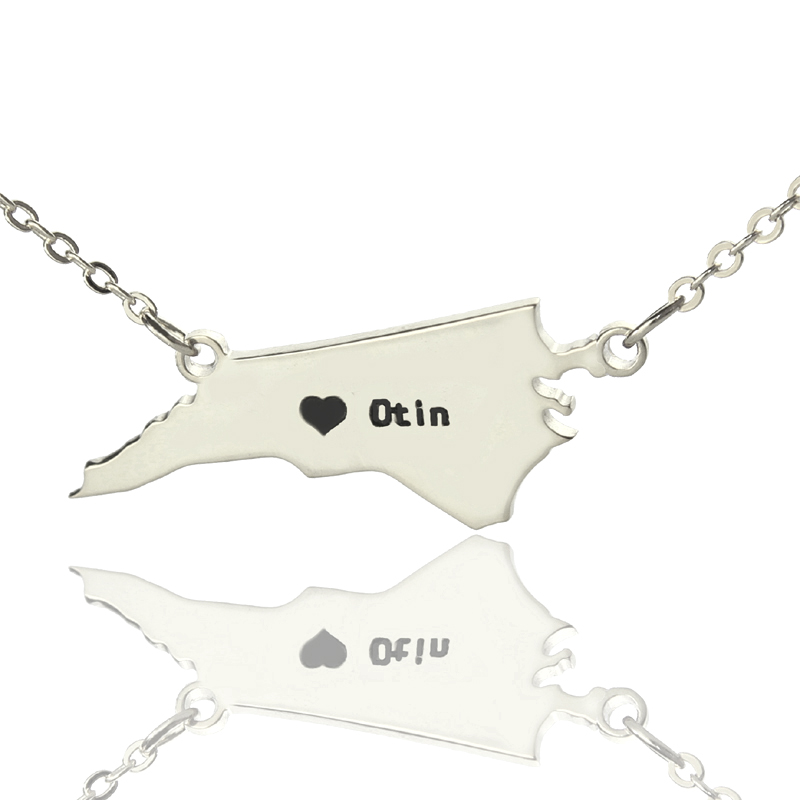 Personalised North Carolina state map name necklace with heart detail