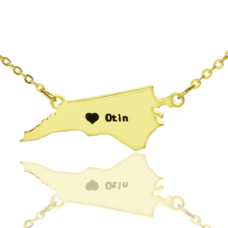 Personalised North Carolina state map necklace with heart and name detail