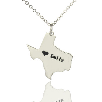 Texas State USA Map Necklace With Heart Name Silver