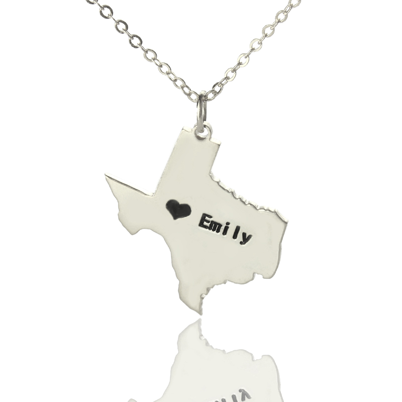 Texas State Map Heart Name Necklace in Silver Texas State USA map heart name necklace in silver