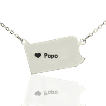 Personalised Pennsylvania State USA Map Necklace With Heart Name Silver