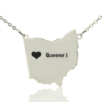 Custom Ohio State USA Map Necklace With Heart Name Silver