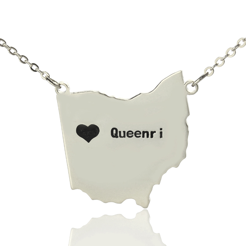 Custom Ohio state map necklace with heart and name detail
