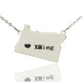 Custom Oregon state map heart name necklace in silver