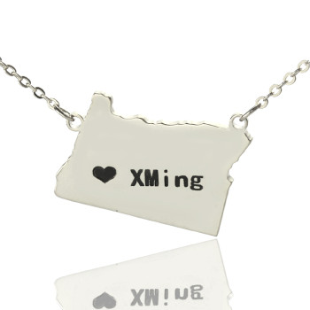 Custom Oregon State USA Map Necklace With Heart Name Silver