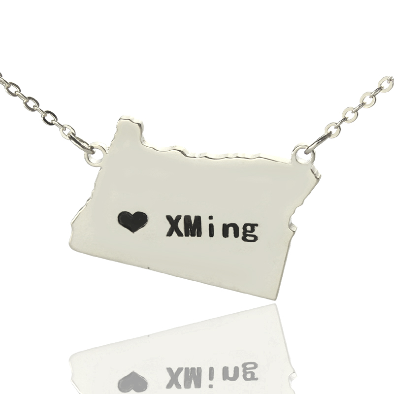Custom Oregon state map heart name necklace in silver