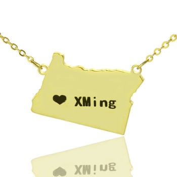 Custom Oregon State USA Map Necklace With Heart Name Gold Plated