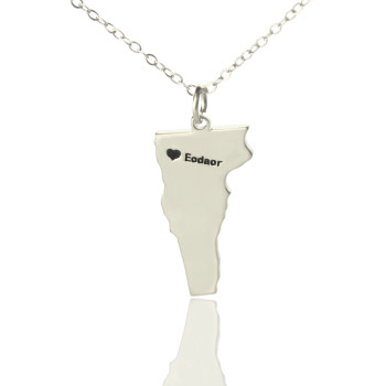 Custom Vermont State USA Map Necklace With Heart Name Silver