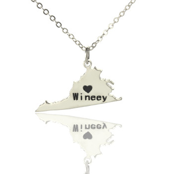 Virginia State USA Map Necklace With Heart Name Silver