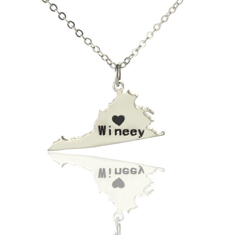 Virginia state map heart name necklace in silver