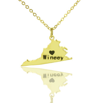 Virginia State USA Map Necklace With Heart Name Gold Plated