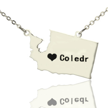 Washington State USA Map Necklace With Heart Name Silver