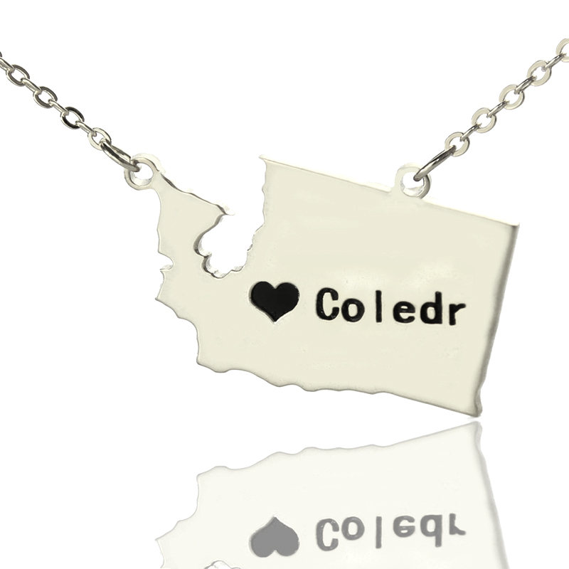 Washington State Map Heart Name Necklace in Silver Washington State map heart name necklace in silver