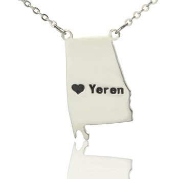 Custom Alabama State USA Map Necklace With Heart Name Silver