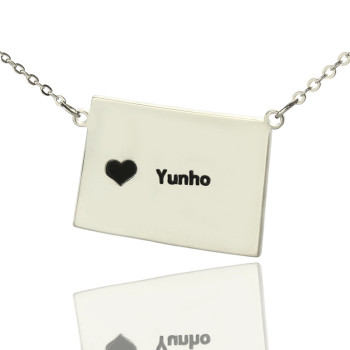 Wyoming State Shaped Map Necklaces With Heart Name Silver