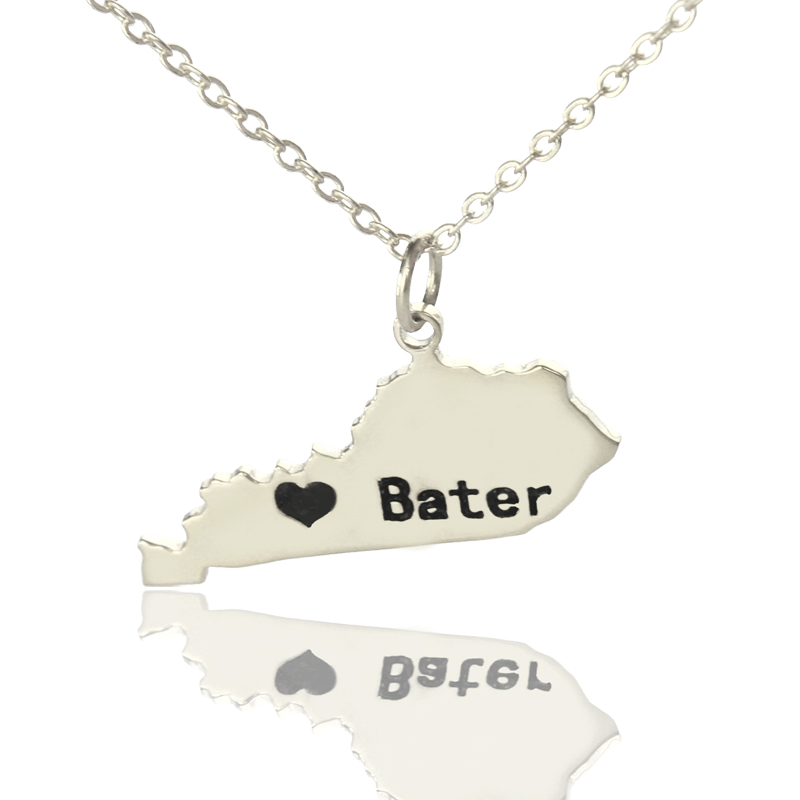 Custom Kentucky State Heart Name Necklace Custom Kentucky state-shaped heart name necklace in silver
