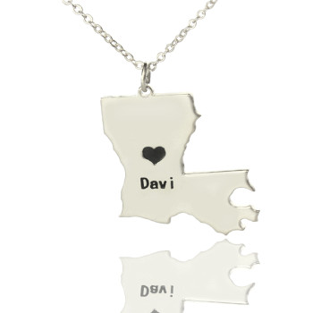 Custom Louisiana State Shaped Necklaces With Heart Name Silver