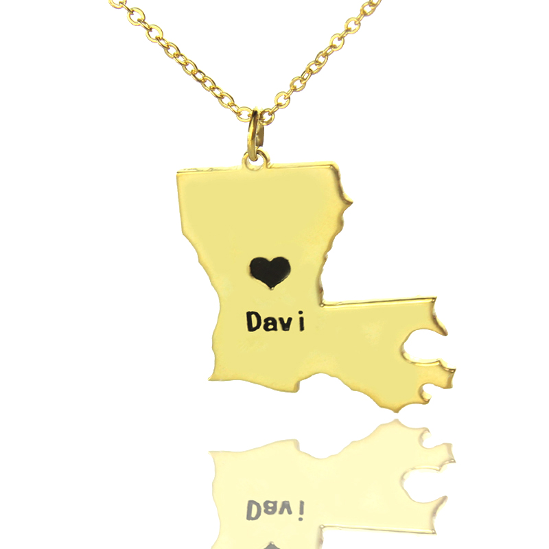 Custom Louisiana state-shaped heart name necklace in gold colour