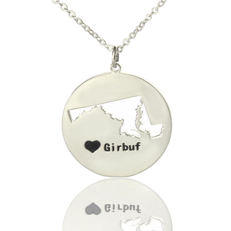 Custom Maryland state heart name necklace in silver