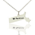 Massachusetts state-shaped heart name necklace in silver