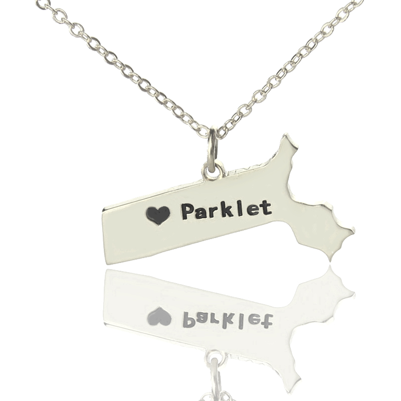 Massachusetts state-shaped heart name necklace in silver