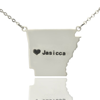 Custom AR State USA Map Necklace With Heart Name Silver