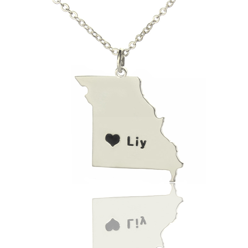 Custom Missouri State Heart Name Necklace Custom Missouri state-shaped heart name necklace in silver