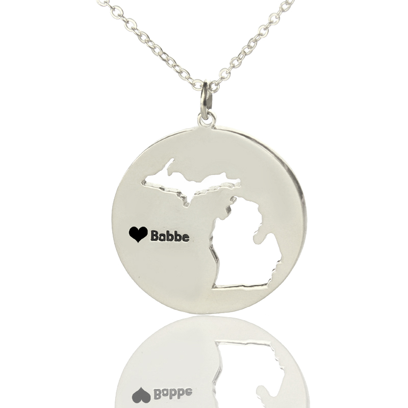 Custom Michigan heart name necklace in silver