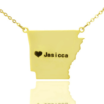 Custom AR State USA Map Necklace With Heart Name Gold Plated