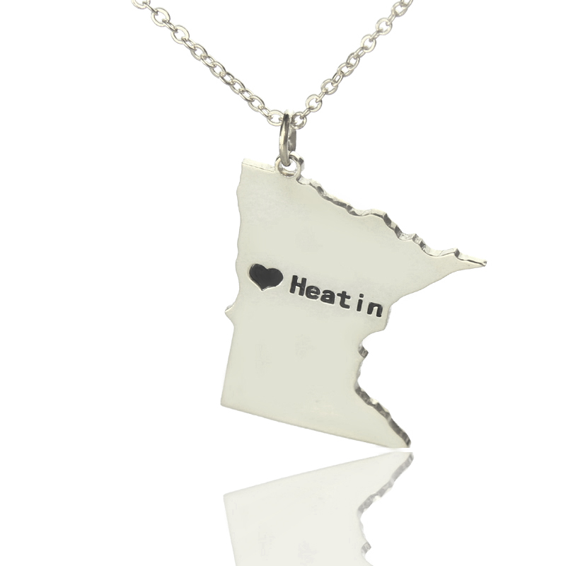 Custom Minnesota state shaped heart name necklace in silver