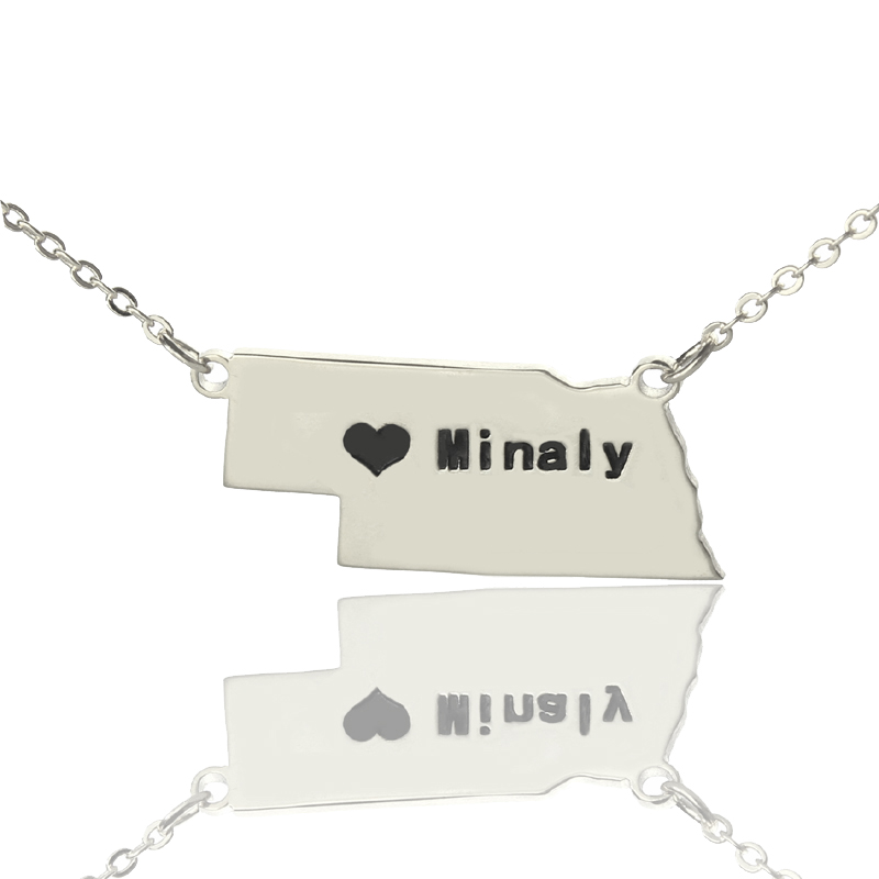 Custom Nebraska State Name Necklace with Heart Custom Nebraska state-shaped name necklace with heart detail