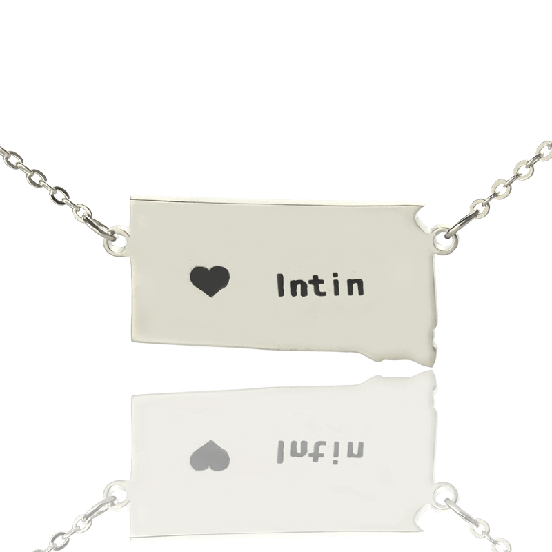 South Dakota state outline heart name necklace in silver