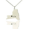 Personalised New York state-shaped heart name necklace in silver